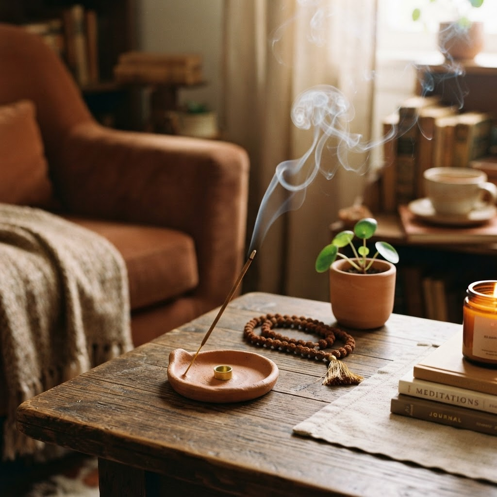 Incense burning on a wooden table